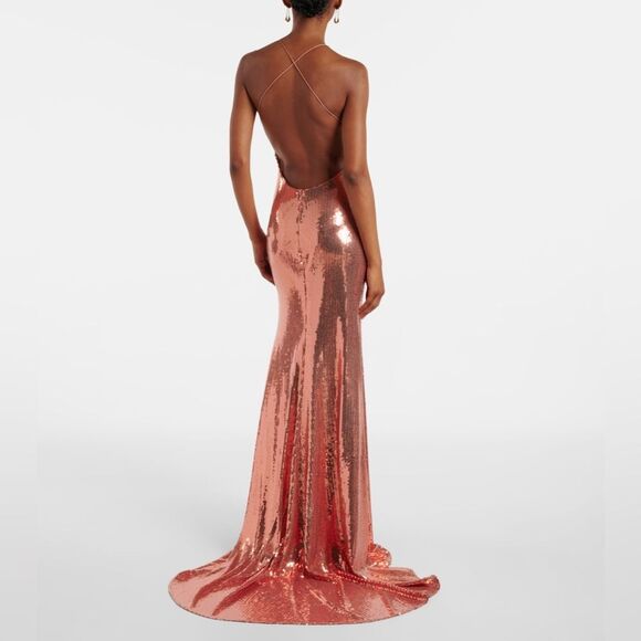 NWOT ALWX PERRY EVENING DRESS Stunning Sequin Halter Gown in copper, US2 - Picture 1 of 16